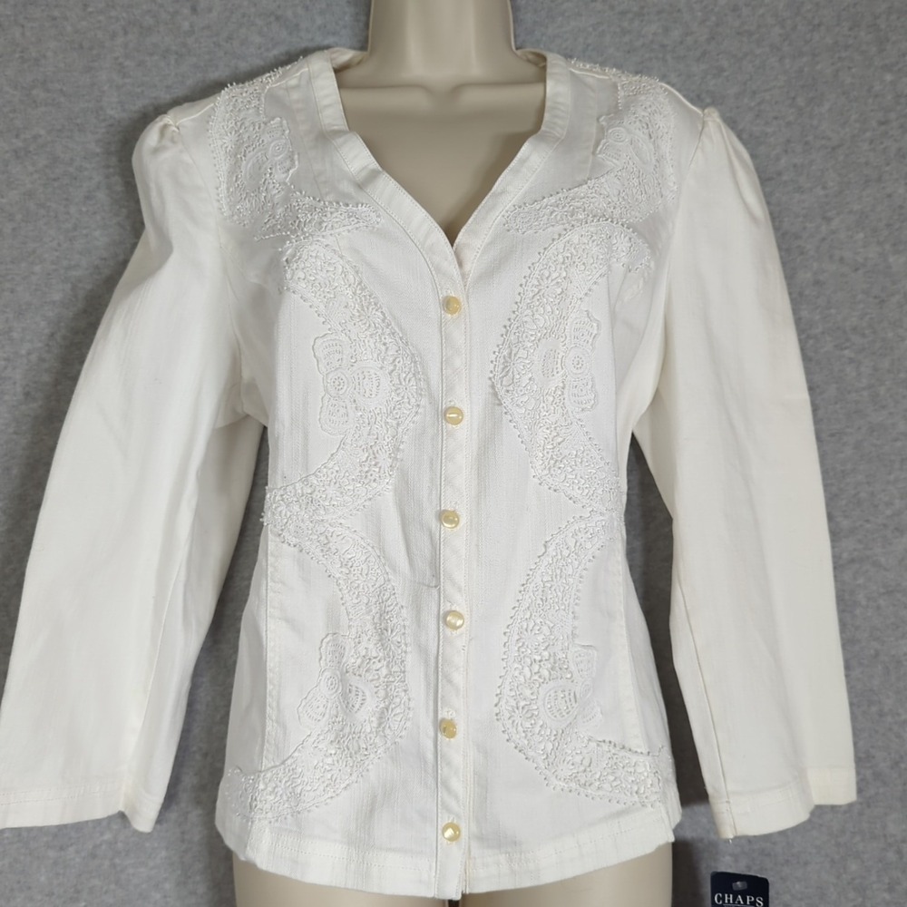 VTG Chaps Ralph Lauren Jacket‎ XL Seashore White Denim Lace Overlay Cottage 90s